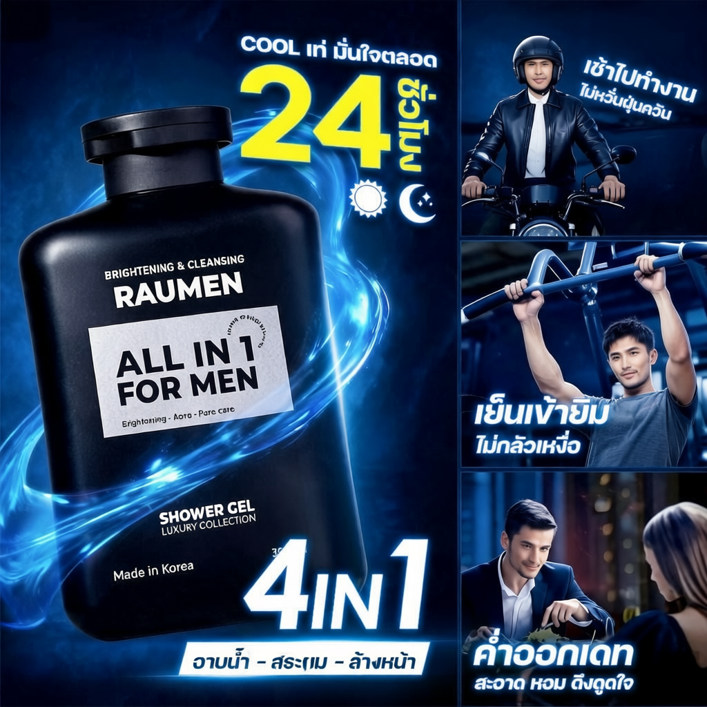 ครีมอาบน้ำสำหรับผู้ชาย RAUMEN ALL IN 1 กลิ่นหอมผสานการทำความสะอาด ช่วยบำรุงผิวขาว