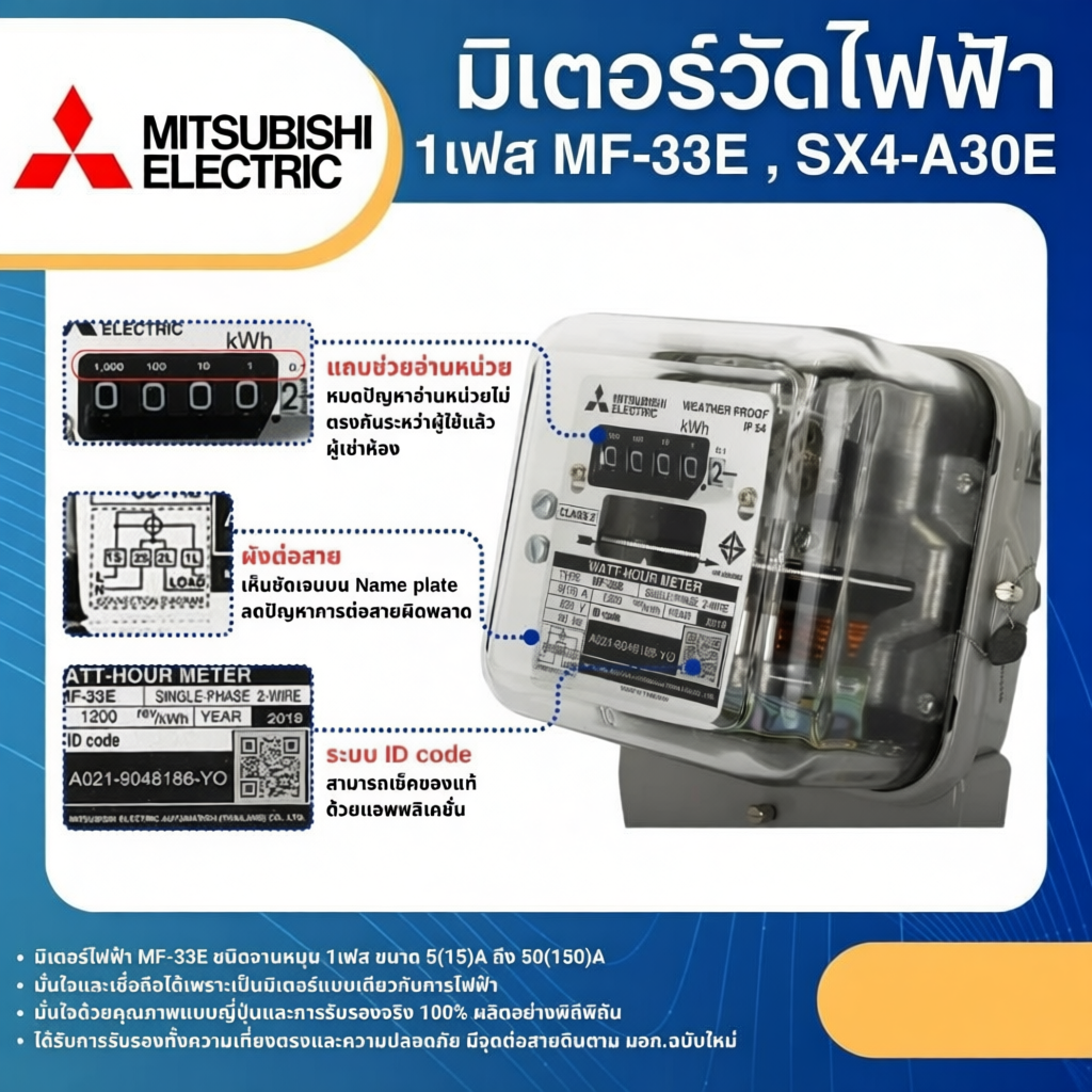 MITSUBISHI MF-33E SX4-A30E มิเตอร์วัดไฟฟ้า 1เฟส 2สาย 5(15)A 15(45)A