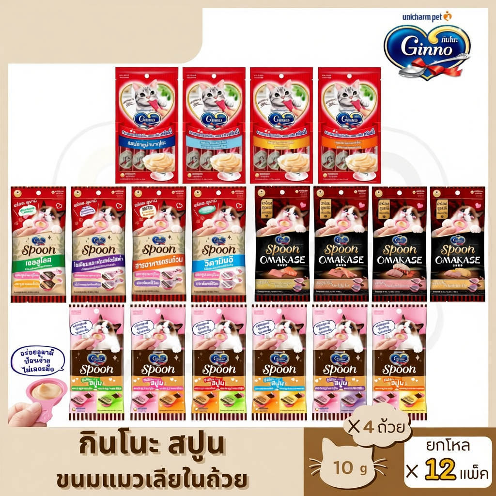Ginno Spoon ยกโหล 12 แพ็ค ขนมแมวเลีย ป้อนง่าย ไม่เลอะมือ