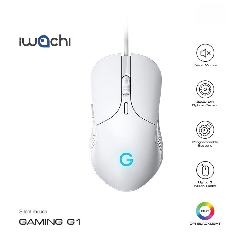 IWACHI เมาส์ G1 สำหรับเกมมิ่ง มีสายปุ่มกดไร้เสียง รุ่น DPI 800/1600/2400/3200