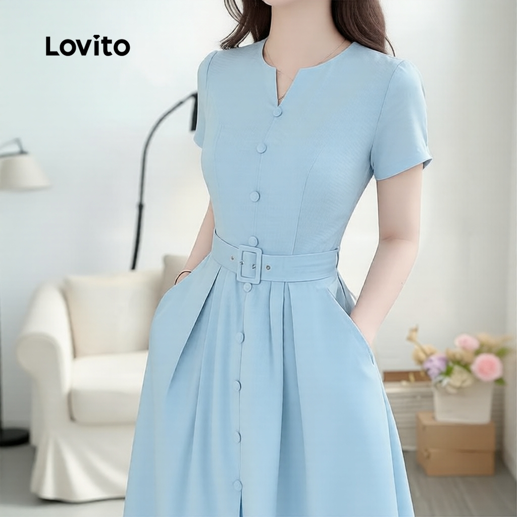 Lovito เดรสสีฟ้า ผู้หญิง ดีไซน์ซิปพร้อมเข็มขัด เหมาะสําหรับฤดูใบผลิ ฤดูร้อน รุ่น LK5ED504