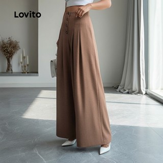 Lovito กางเกงขายาวลําลองแต่งจีบและกระดุมสําหรับผู้หญิง ฤดูใบ…