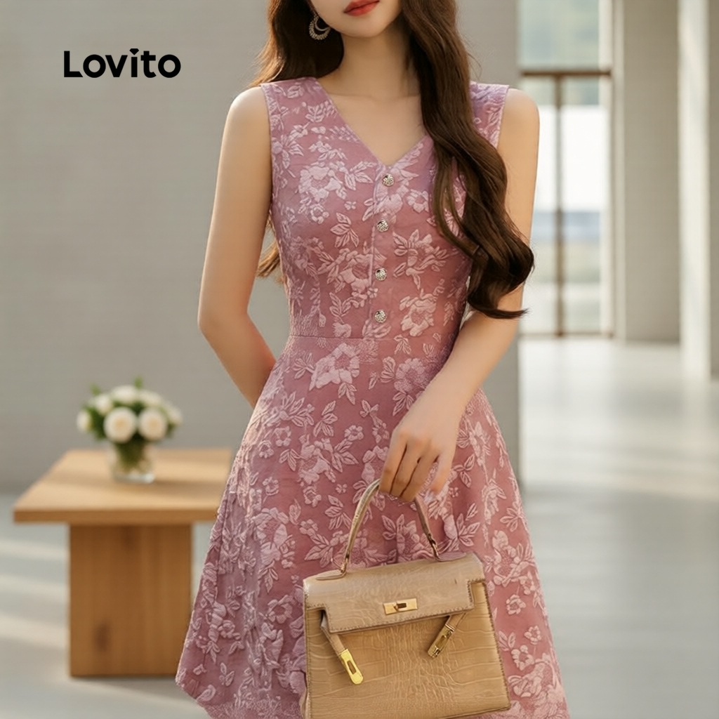 Lovito เดรสผู้หญิงสีชมพูสไตล์เรียบหรู ฤดูใบไม้ผลิ/ฤดูร้อน ซิปและกระดุมด้านหน้า L184LD585