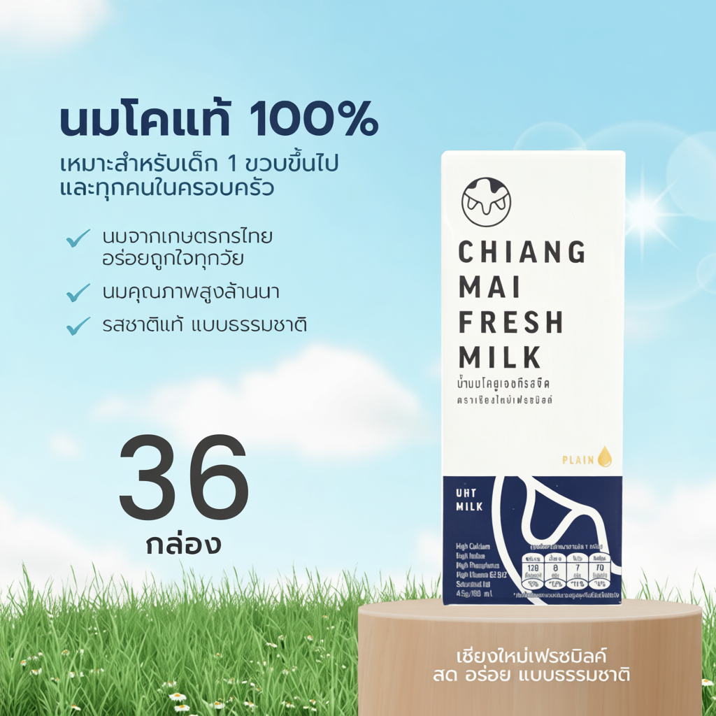 [36 กล่อง/ลัง] Chiangmai Freshmilk นม UHT รสจืด แคลเซียมสูง นมคุณภาพสูงล้านนา นมโคแท้ 100% 180 มล.