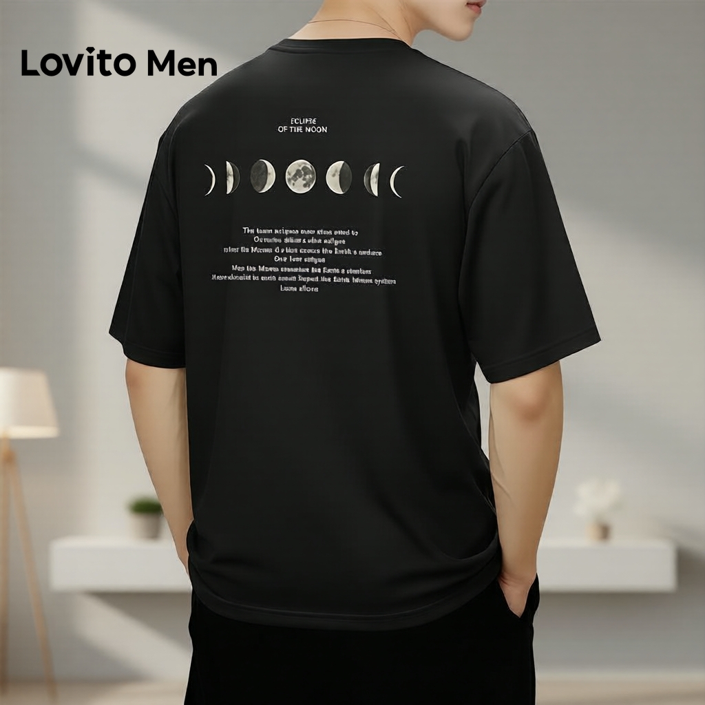 Lovito เสื้อยืดคอกลม แขนสั้น สีดํา ผู้ชาย เหมาะสําหรับหน้าร้อน รหัส LNE142523