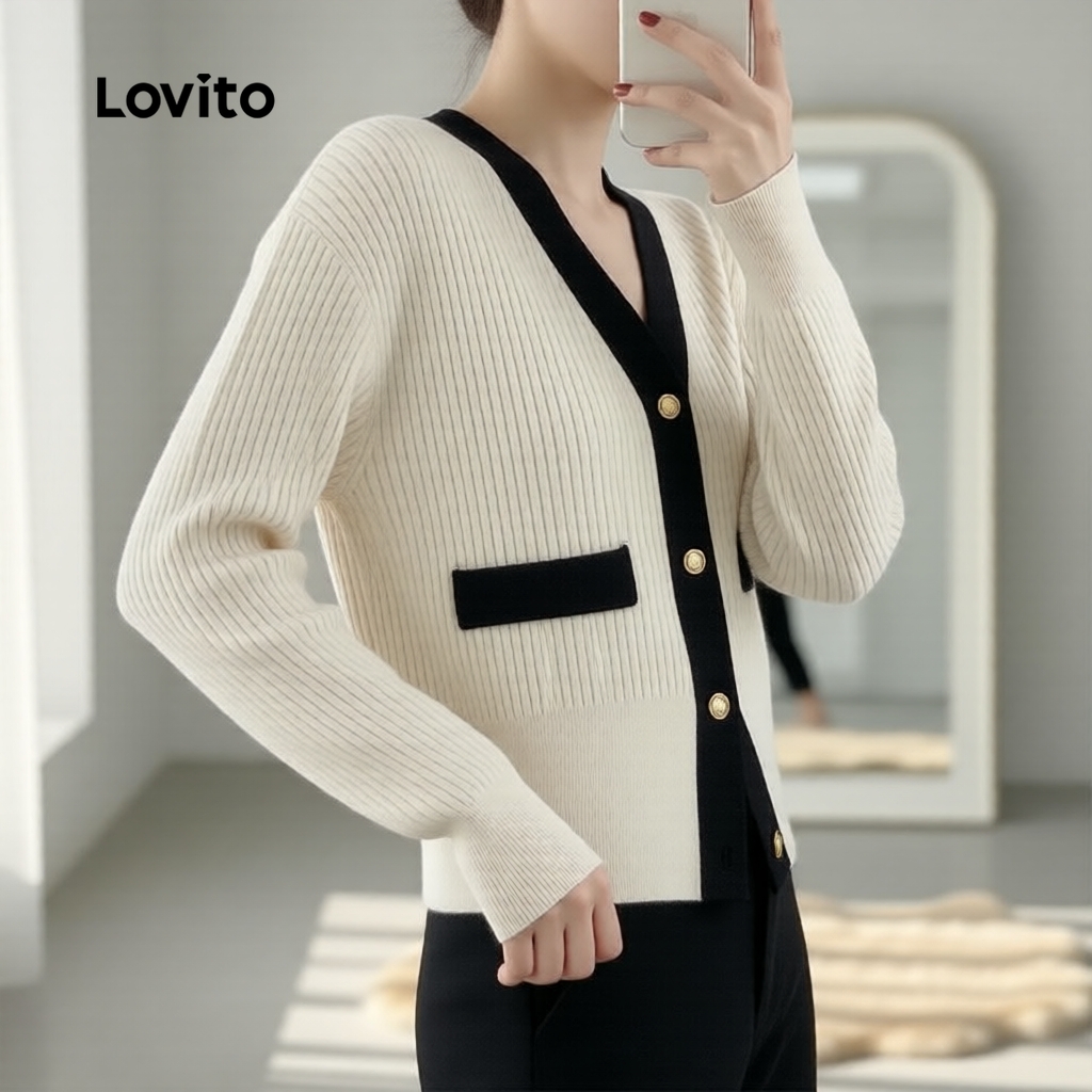 Lovito คาร์ดิแกนผู้หญิงลําลองติดกระดุม โทนสีแอปริคอต สําหรับฤดูใบไม้ผลิ-ฤดูร้อน รหัส LNA109009