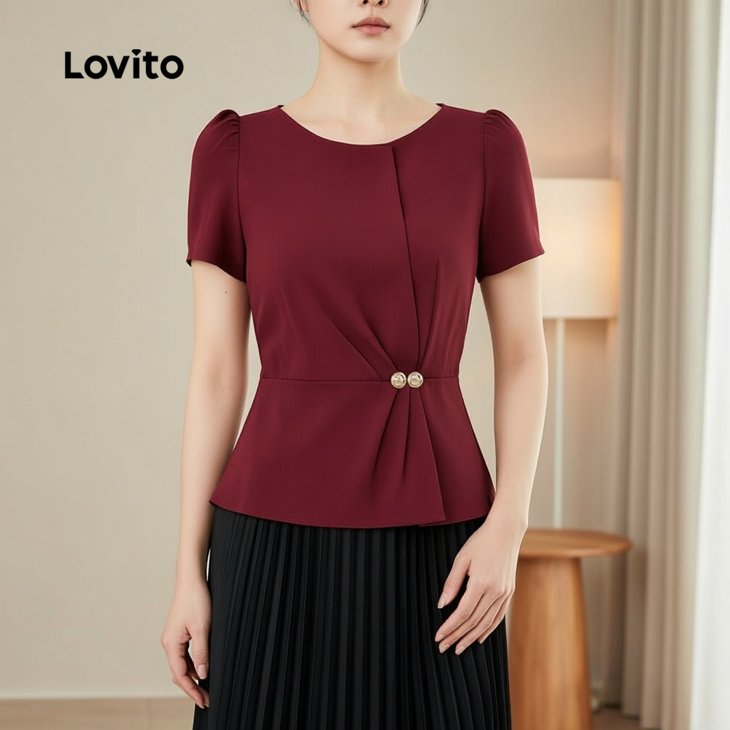 Lovito สง่างาม เสื้อเบลาส์จีบหรูหราสําหรับฤดูใบไม้ผลิและฤดูร้อน สีคากิ L165ED017