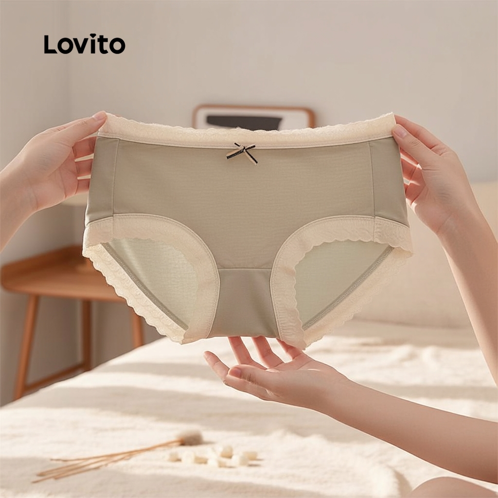 Lovito ชุดเซ็ท 3 ชิ้นใน 1 แพ็ค สีบล็อก ผ้าแคลคอทหมอก ผ้าฝ้าย ยืดหยุ่น 4 ทิศทาง สวมใส่สบาย สําหรับผู้