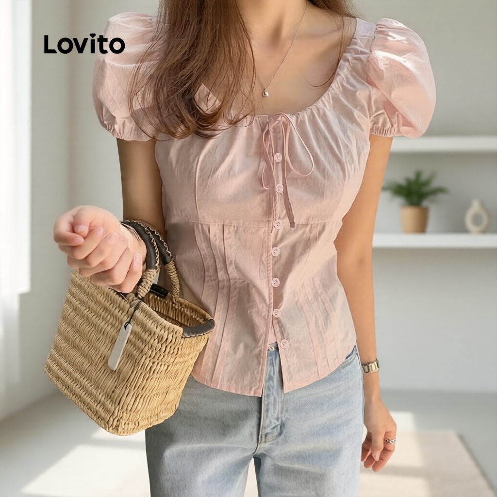 Lovito เสื้อลูกไม้จีบสีชมพูอ่อน สไตล์น่ารัก สําหรับผู้หญิง รุ่นฤดูใบไม้ผลิ/ฤดูร้อน รหัส L136AD216