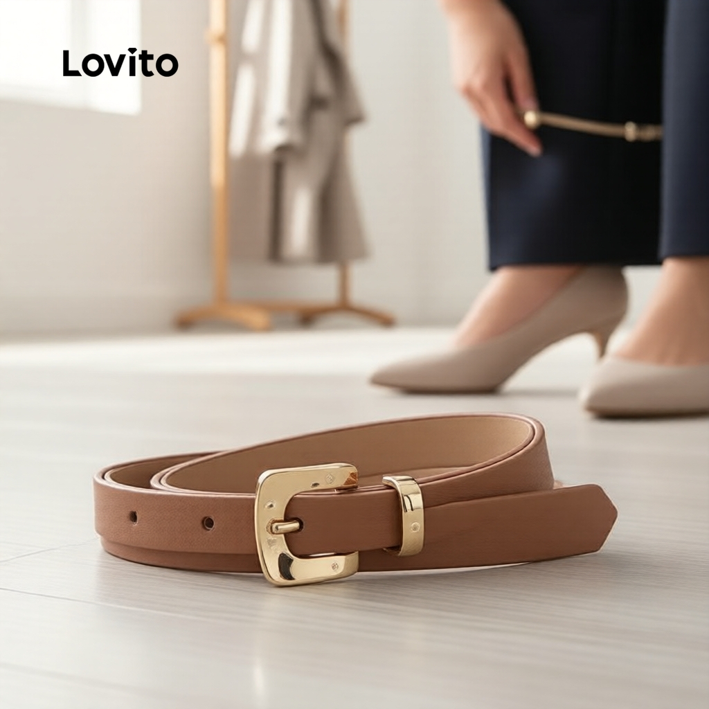 Lovito สง่างาม เข็มขัดแฟชั่นสีดํา สไตล์มินิมอล สําหรับทุกวัน LFA114078