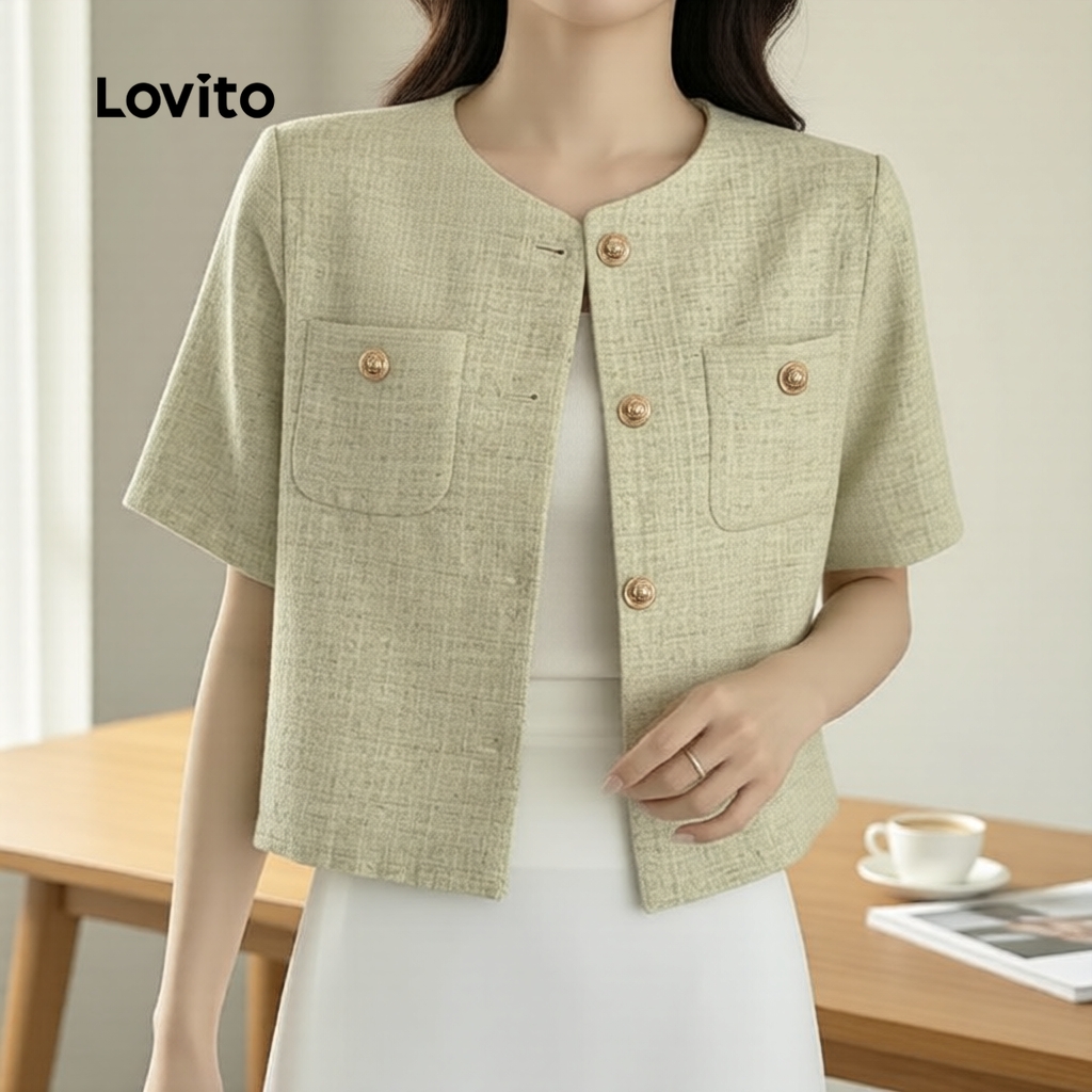 Lovito เสื้อลําลองผู้หญิง กระเป๋าคู่ มีกระดุมโลหะ สําหรับฤดูใบไม้ผลิและฤดูร้อน LNE62083 ราคา ถูกที่สุด ดีลบีเคเค รูปภาพหลัก