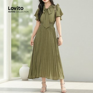 (Refine by Lovito) Women Elegant Dress Ruffle Pleated Spring/summer Green Dress LR35L033