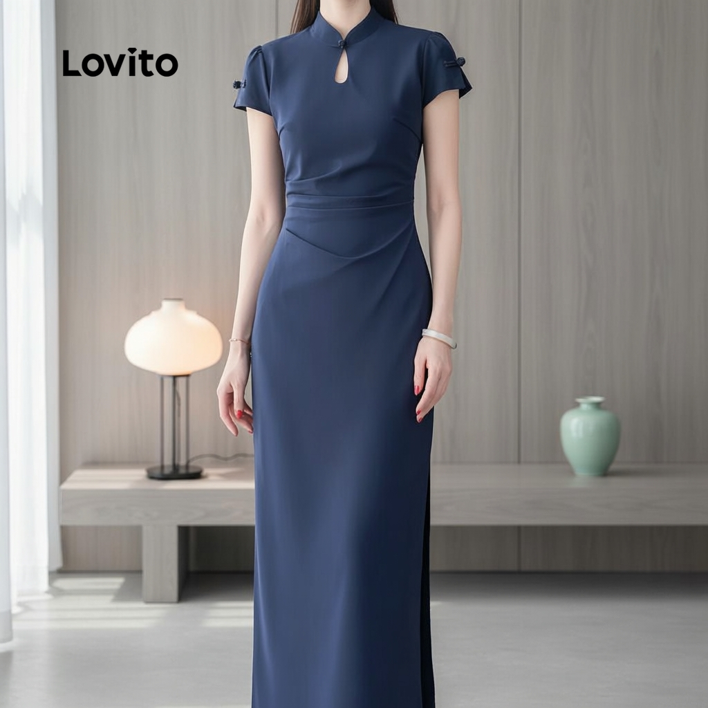 Lovito ชุดเดรสผู้หญิง สีฟ้า สไตล์จีน ทรงเข้ารูป จีบข้าง ฤดูใบไม้ผลิ ฤดูร้อน L159AD140