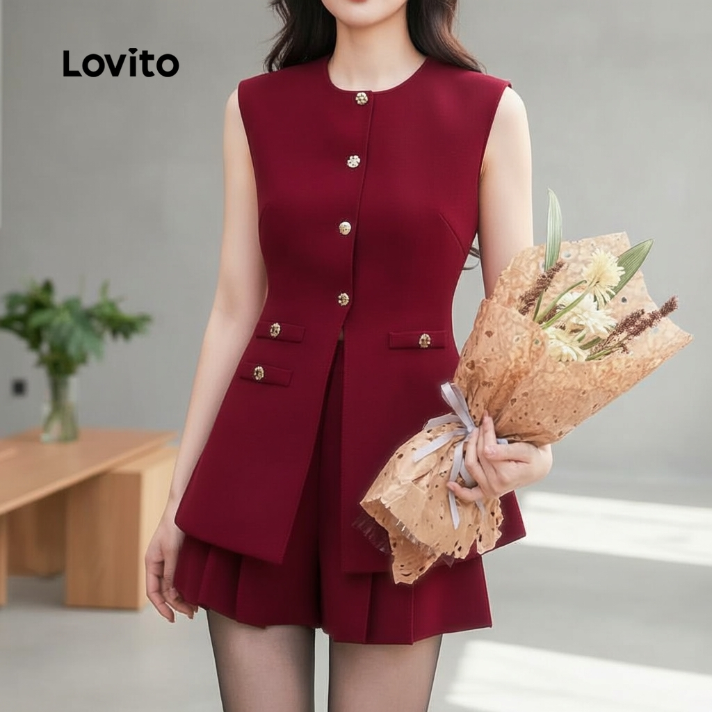 Lovito สง่างาม ชุดลําลองเสื้อหรือกางเกงสําหรับงานปาร์ตี้ คริสต์มาส กางเกงพลีทผู้หญิงสีแดงไวน์ ฤดูใบไม้ผลิ ฤดูร้อน L165ED584