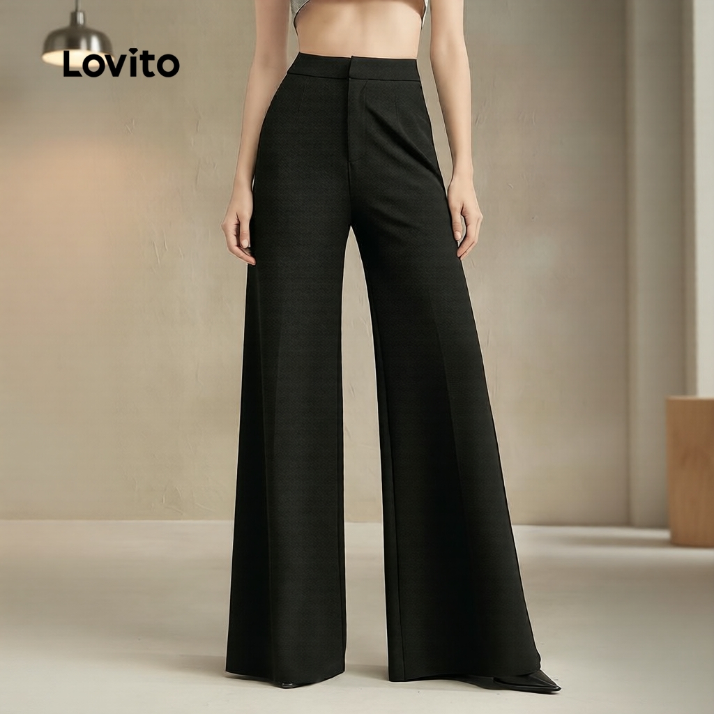Lovito สง่างาม กางเกงผู้หญิงสีดําสําหรับฤดูใบไม้ผลิ/ฤดูร้อน เกาหลี อินเทรนด์ L179AD126