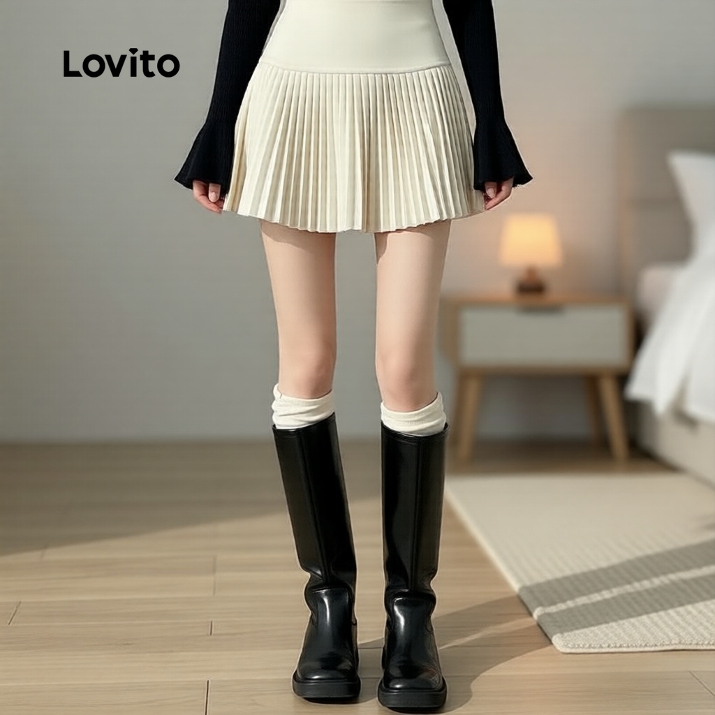 Lovito กระโปรงจีบแคชชวล ชุดทางการ สำหรับผู้หญิง กระโปรงผู้หญิง Lna36023 (สีขาว/ดำ)