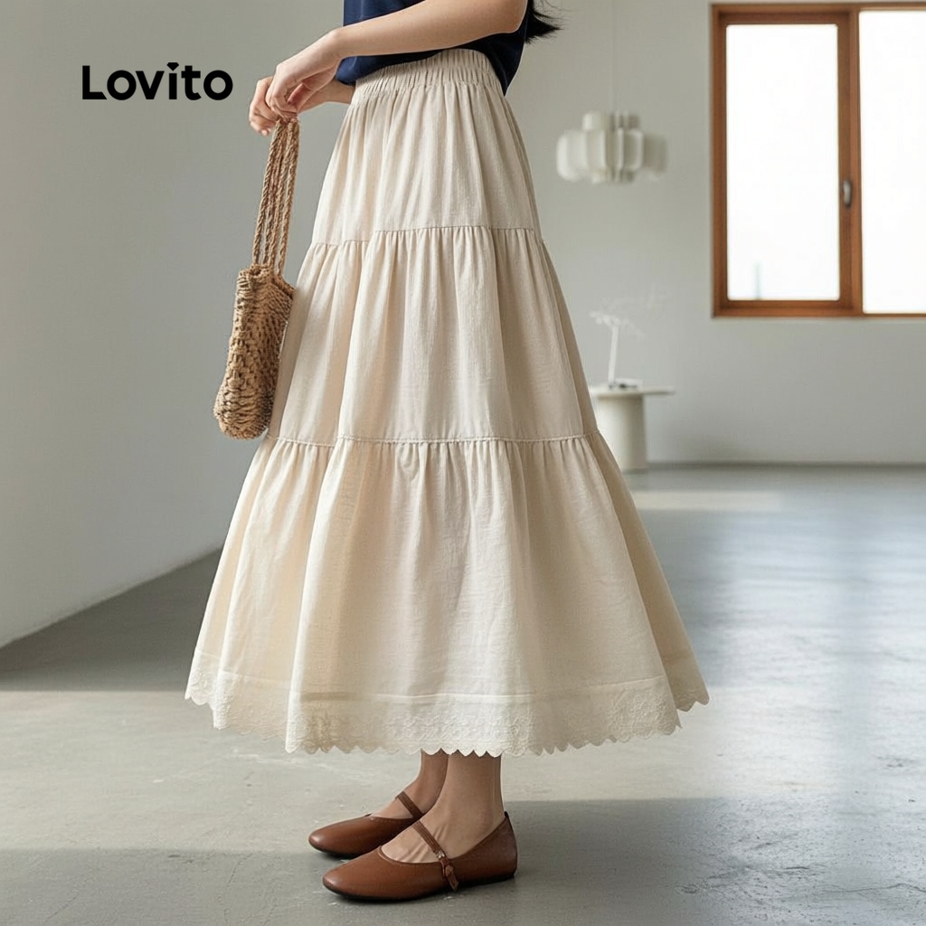 Lovito กระโปรงลูกไม้ผู้หญิง สีแอปริคอต ฤดูใบไม้ผลิ ฤดูร้อน LBL32087