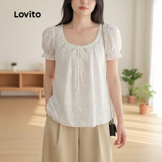 Lovito เสื้อเชิ้ตผู้หญิงผ้าลูกไม้ ผูกเชือก สไตล์ฤดูใบไม้ผลิ/…