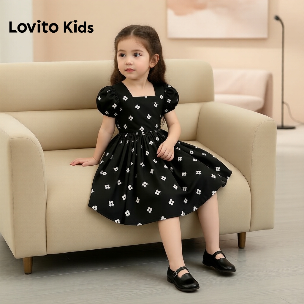 Lovito ชุดเดรสเด็กผู้หญิง แขนระบาย ใส่สบาย เหมาะสําหรับฤดูใบไม้ผลิ ฤดูร้อน สีดํา รหัส L168LD183