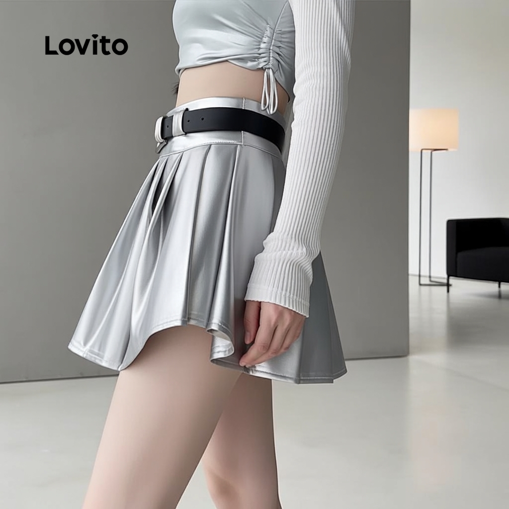 Lovito แคชชวล กระโปรงพลีทสุดหรู สําหรับทุกฤดู สีเงิน สไตล์ผู้หญิง L159AD010