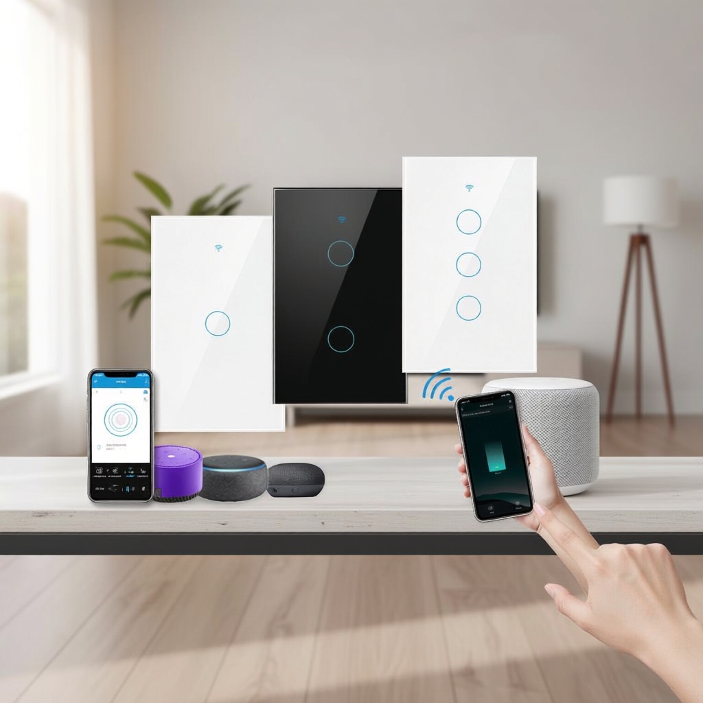 สวิตช์ไฟสัมผัสอัจฉริยะ WiFi 3 ปุ่ม ไม่มีสายกลาง ควบคุมผ่าน Alexa Hey Google สําหรับบ้านอัจฉริยะ 100-