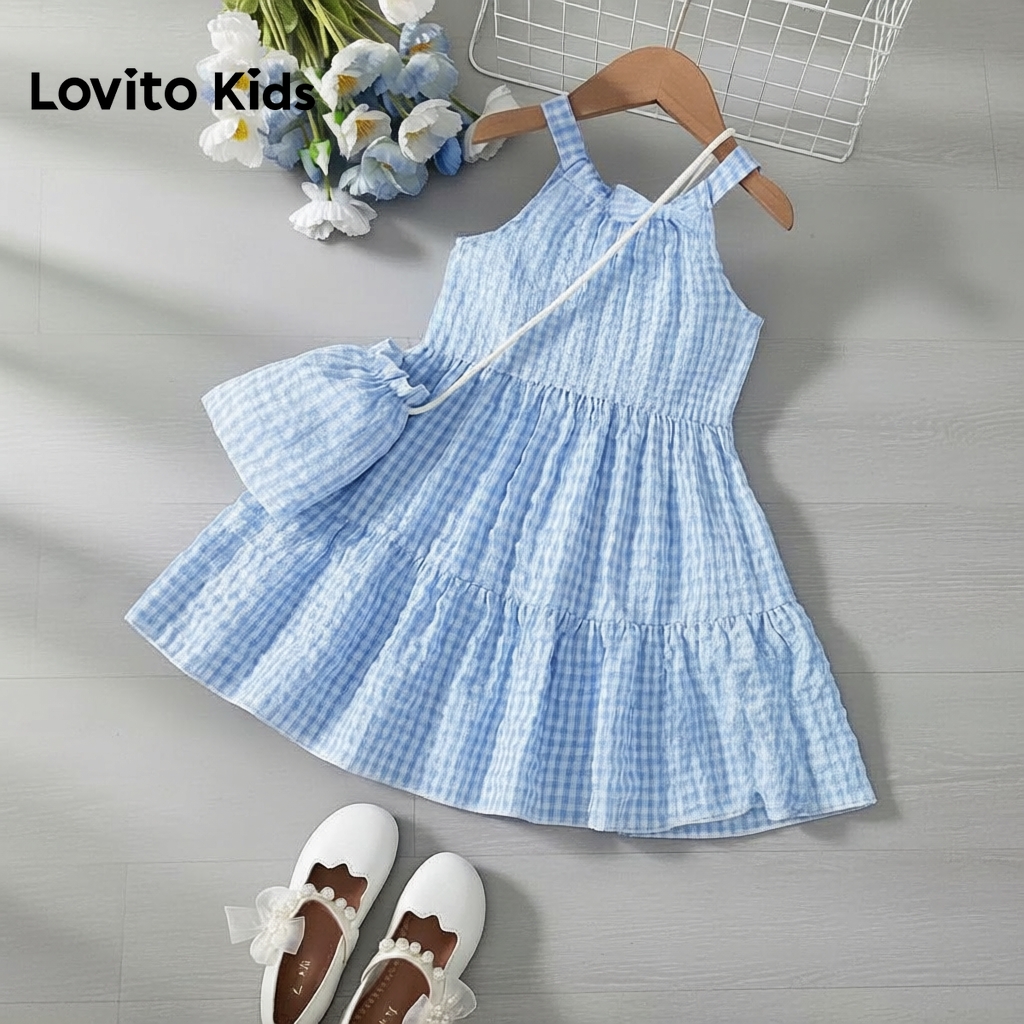 Lovito Kids เดรสกระโปรงเด็กผู้หญิงน่ารัก สีฟ้า ประดับโบว์ เหมาะกับฤดูใบไม้ผลิและฤดูร้อน L162LD192