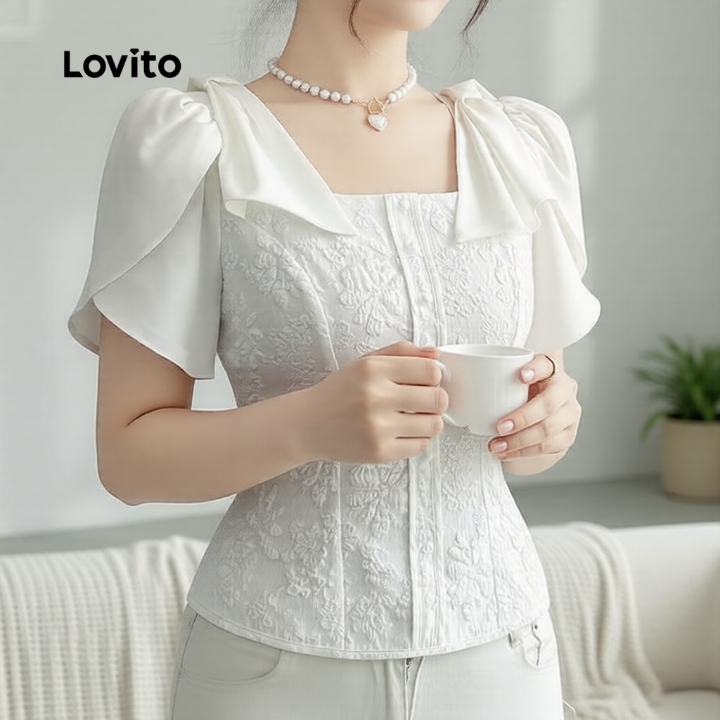 Lovito เสื้อเบลาส์ผู้หญิง ผูกโบว์ เย็บผ้าหรู สีขาวนวล สไตล์สปริงซัมเมอร์ รหัส L146ED015
