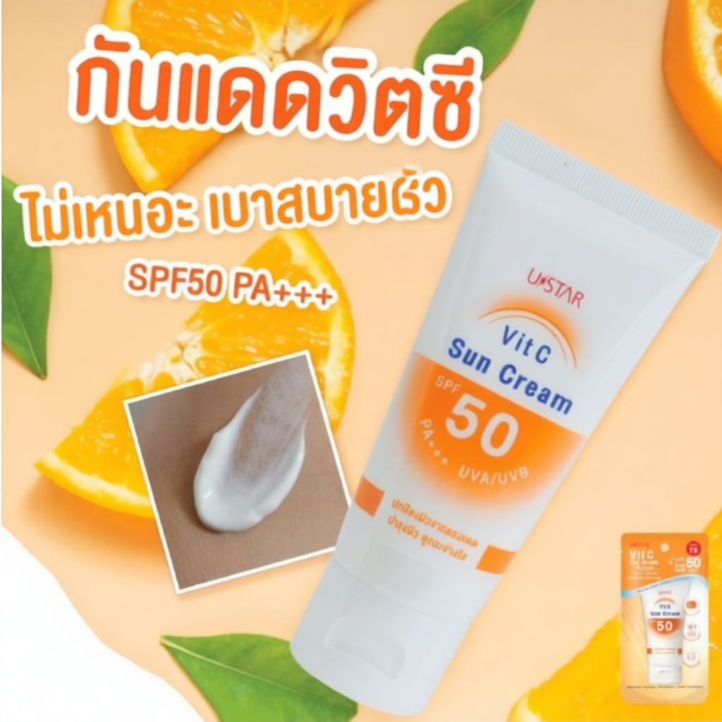 USTAR VIT C SUN PROTECT SPF 50PA++ ครีมกันแดดสูตรบางเบาพิเศษ 50g