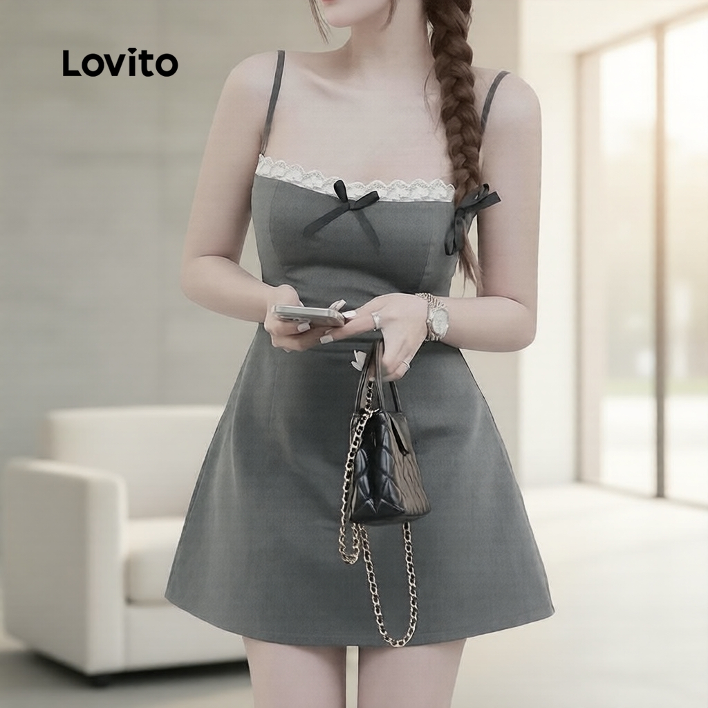 Lovito เดรสผู้หญิงทรงลําลอง ดีไซน์กระเป๋า กระดุม โบว์ รุ่น L114ADDR594