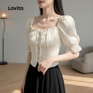 Lovito เสื้อลูกไม้เปิดหน้าติดกระดุม แฟชั่นฤดูใบไม้ผลิ/ฤดูร้อ…