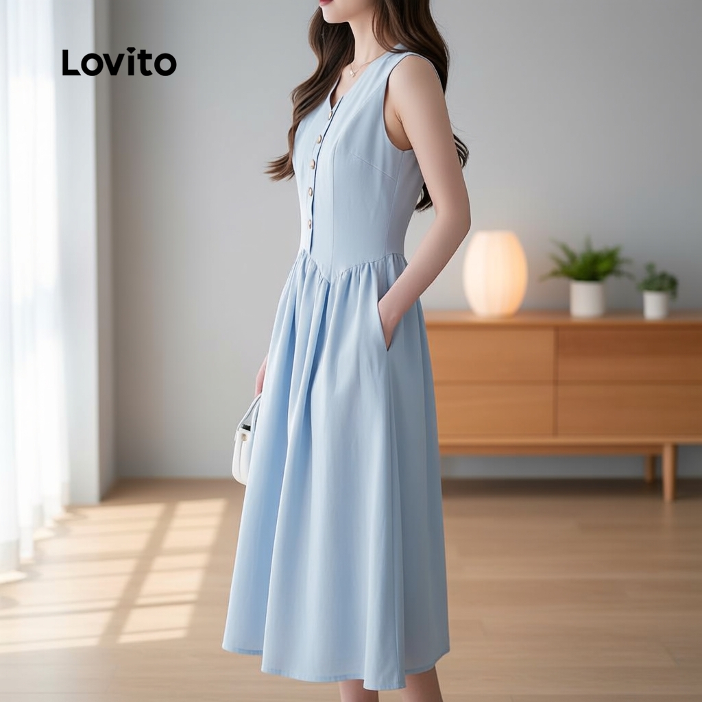 Lovito ชุดเดรสผู้หญิง สีฟ้า สไตล์หรูหรา สําหรับฤดูสปริงและร้อน ซิปเรียบ L134LD189