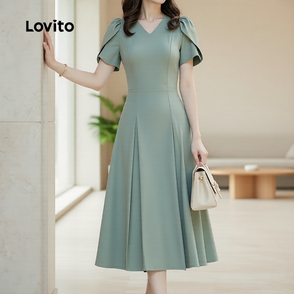 Lovito สง่างาม เดรสยาวเรียบหรู สไตล์คลาสสิก ทรงสองชั้นสีเขียว ใส่ได้หลายโอกาส เหมาะสําหรับผู้หญิง ฤดูร้อน L157ED490