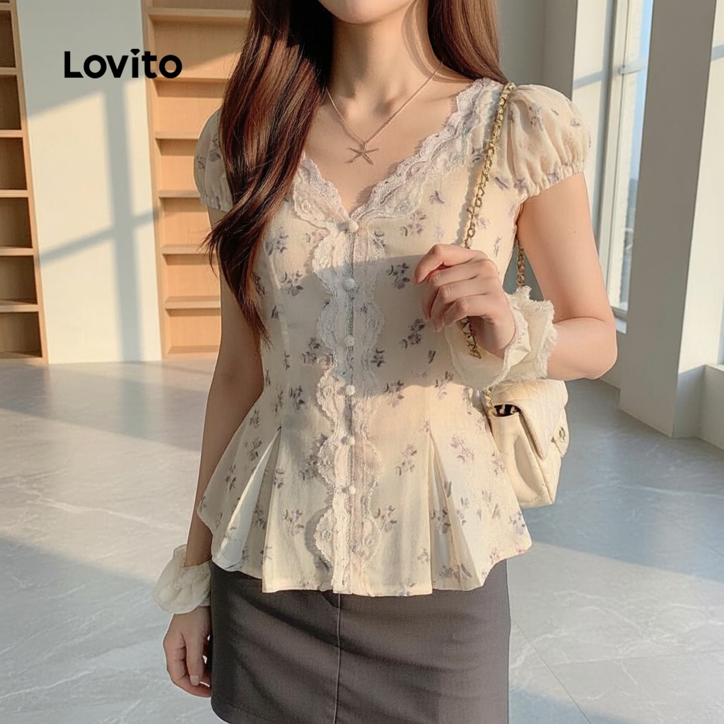 Lovito เสื้อเชิ้ตผู้หญิง ลายลูกไม้ มีกระดุมหน้า ผ่าข้าง สําหรับฤดูใบไม้ผลิ ฤดูร้อน L154ED1015
