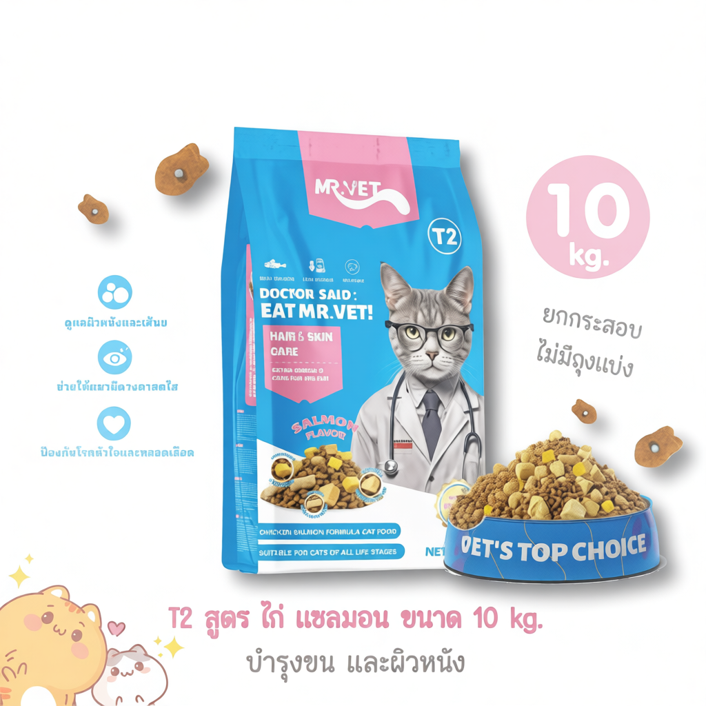 กระสอบ 10 kg Mr. Vet T2 สูตรไก่ แซลมอน  Hair & Skin