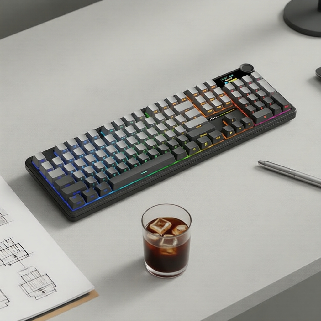 คีย์บอร์ดเกรดอีสปอร์ต AULA F108 Pro, RGB, 3 โหมดการเชื่อมต่อ, ปุ่มควบคุมหลายปุ่ม, หน้าจอ TFT อัจฉริยะ