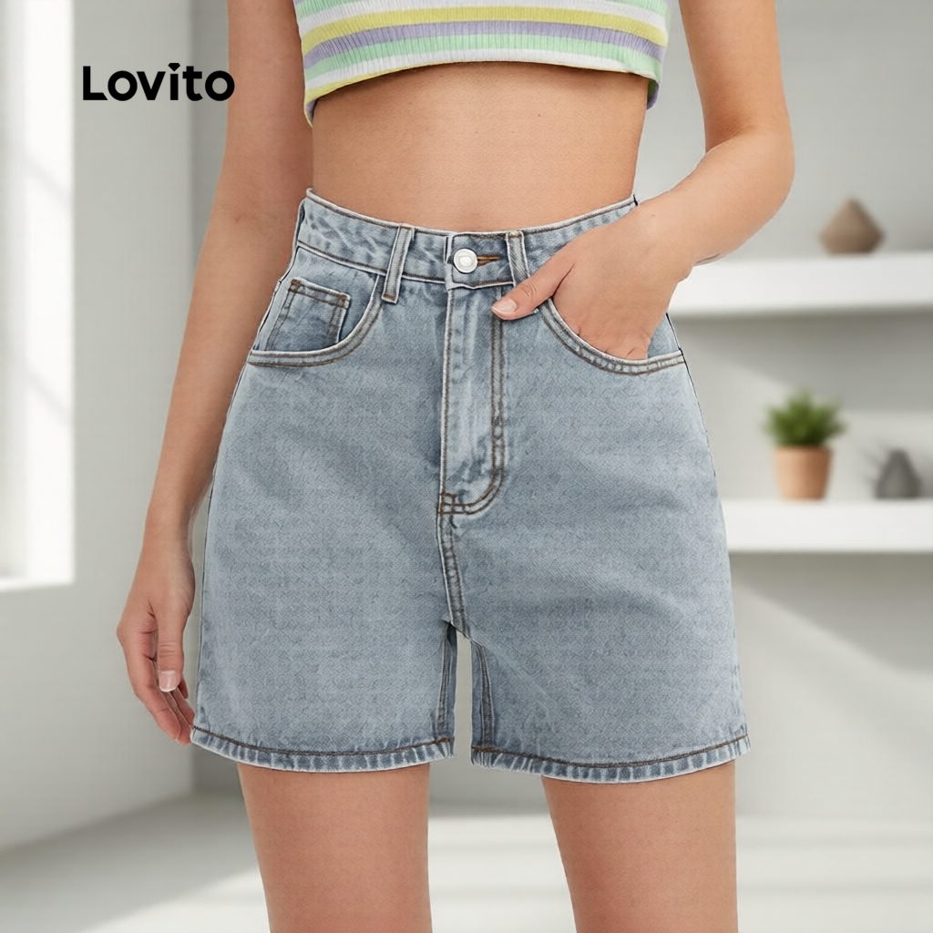 Lovito แคชชวล กางเกงขาสั้นยีนส์ผู้หญิง สีพื้น กระเป๋าหน้า สไตล์ รหัส เกาหลี อินเทรนด์ L79AD101 (หลากสี)