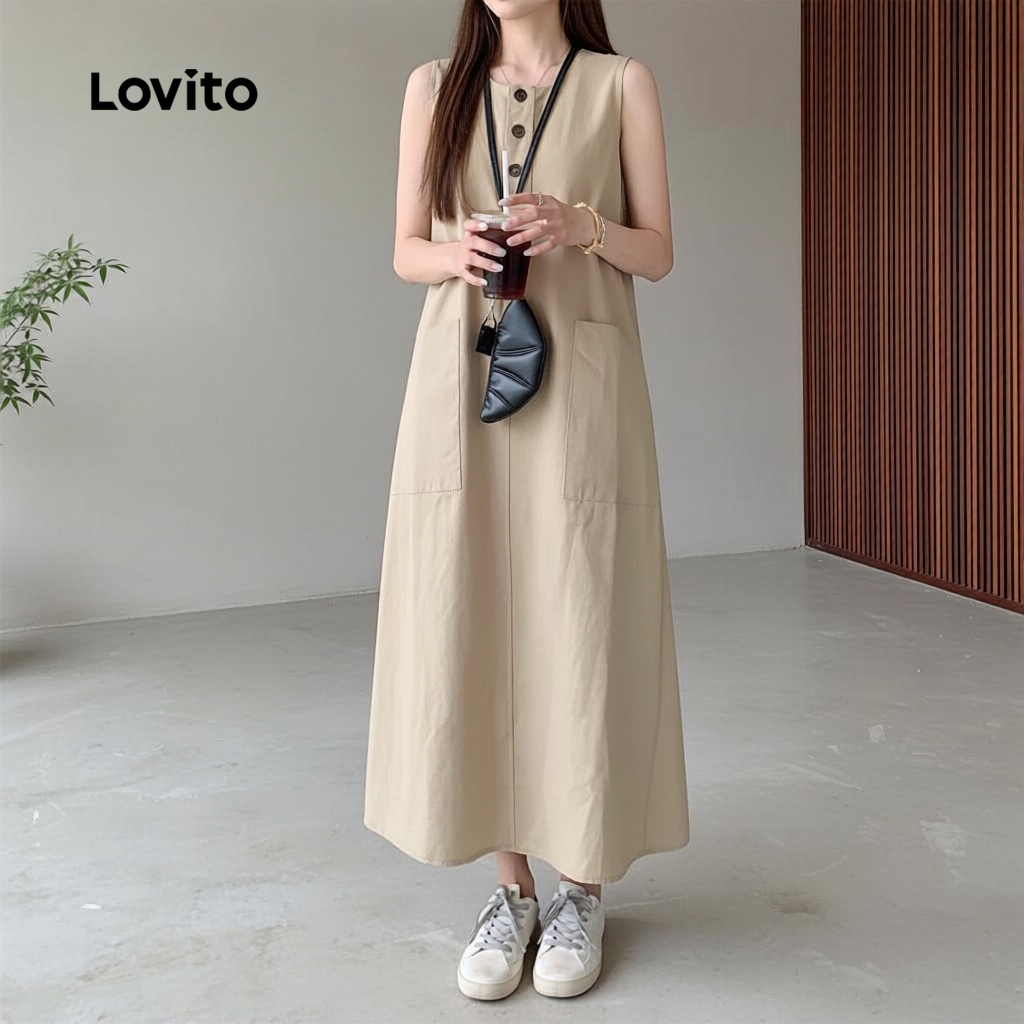 Lovito ชุดเดรสผู้หญิง สีครีมอ่อน สไตล์ลําลอง แฟชั่นฤดูใบไม้ผลิ ฤดูร้อน แบบมีปุ่ม L159AD070