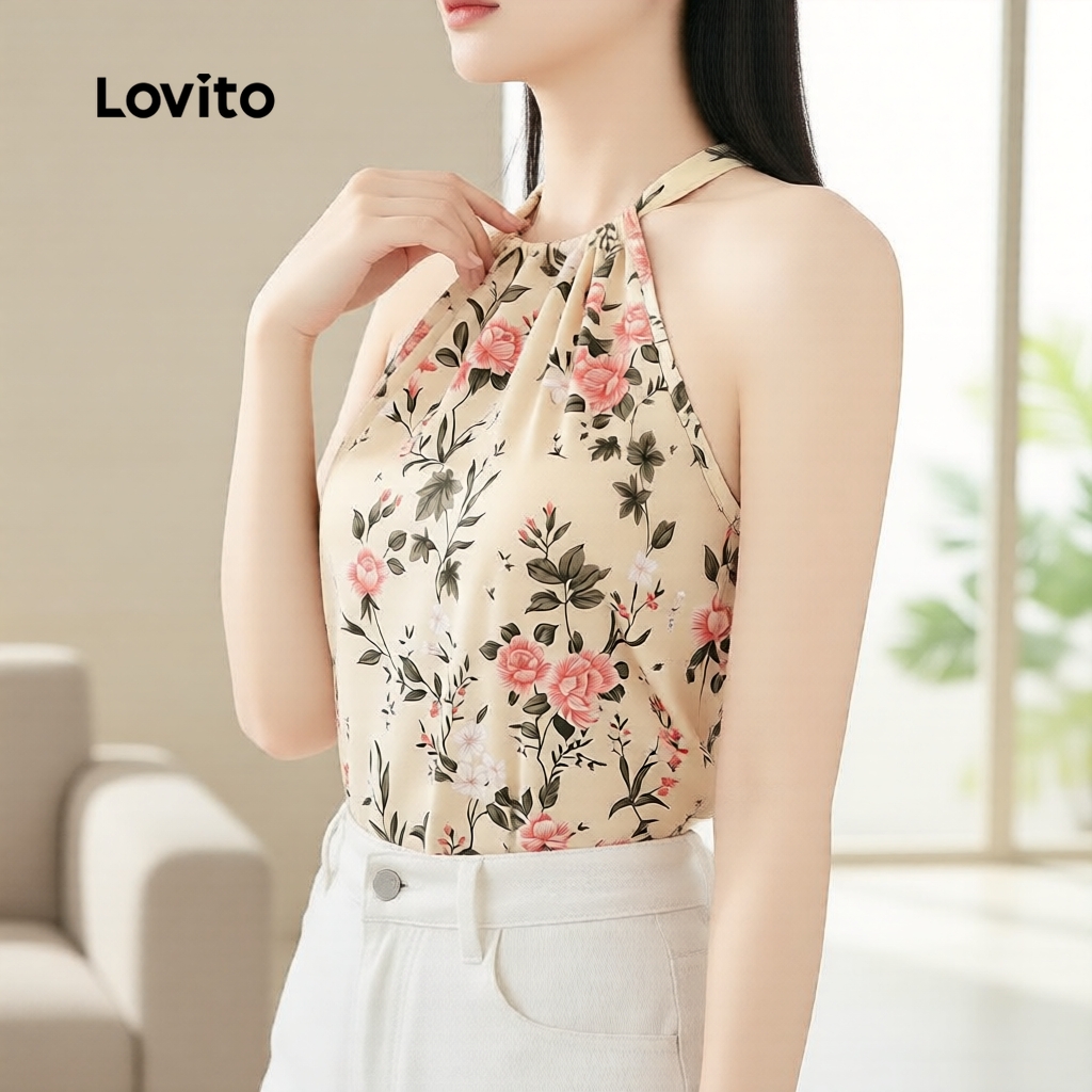 Lovito เสื้อรีสอร์ทสไตล์โบโฮ สําหรับผู้หญิง ผูกเชือกด้านหลัง ฤดูร้อน L137ED657