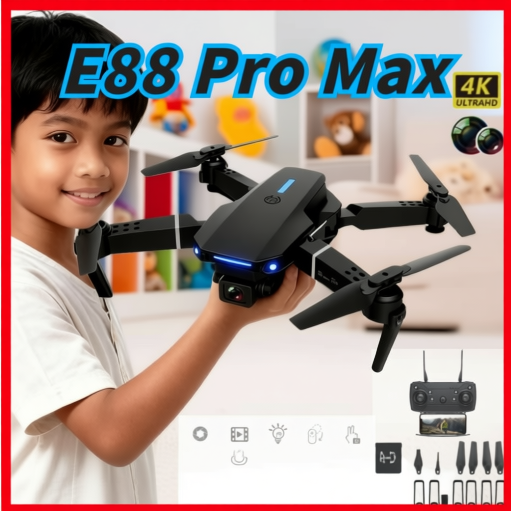 โดรน E88Pro DRON กล้องคู่ 4K โดรนพกพา WiFi FPV บินได้ไกล 500m ควบคุมผ่านแอป ของเล่นเทคโนโลยี