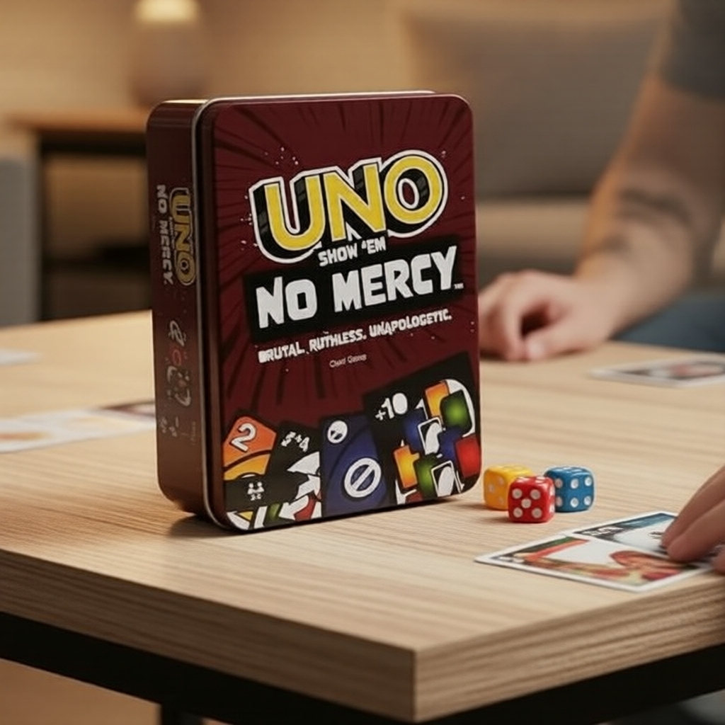 Mattel UNO No Mercy การ์ดเกมในกล่องเหล็กสะสม: เกมกระดานปาร์ตี้สําหรับครอบครัว เหมาะสําหรับทั้งเด็กและผู้ใหญ่ ของขวัญ – โปรปัง