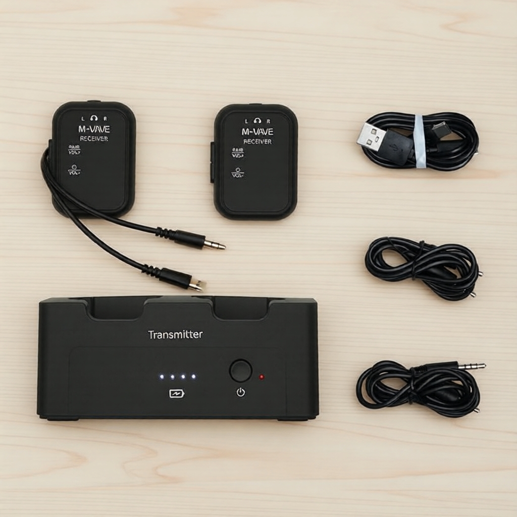 ระบบ M-VAVE WP-12 SWS12 ไร้สาย 2.4G, 1 เครื่องส่ง 2 เครื่องรับ, ควบคุมระดับเสียงและปิดเสียง, ชาร์จซ้