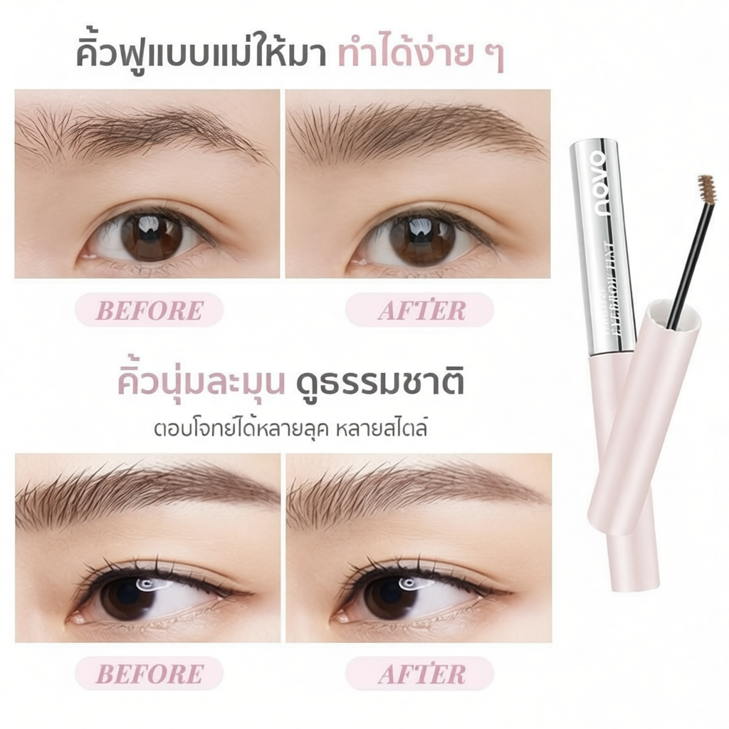 มาสคาร่าคิ้ว NOVO กันน้ำ กันเหงื่อ สีติดทน หัวแปรงเล็กพิเศษ ไม่เป็นก้อน