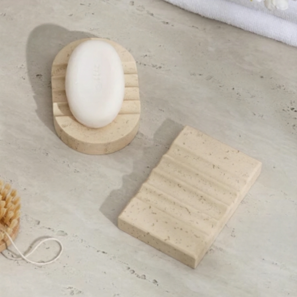 ถาดสบู่เรซิ่นสไตล์ Travertine ที่ใส่สบู่ก้อนและที่จัดระเบียบห้องน้ํา