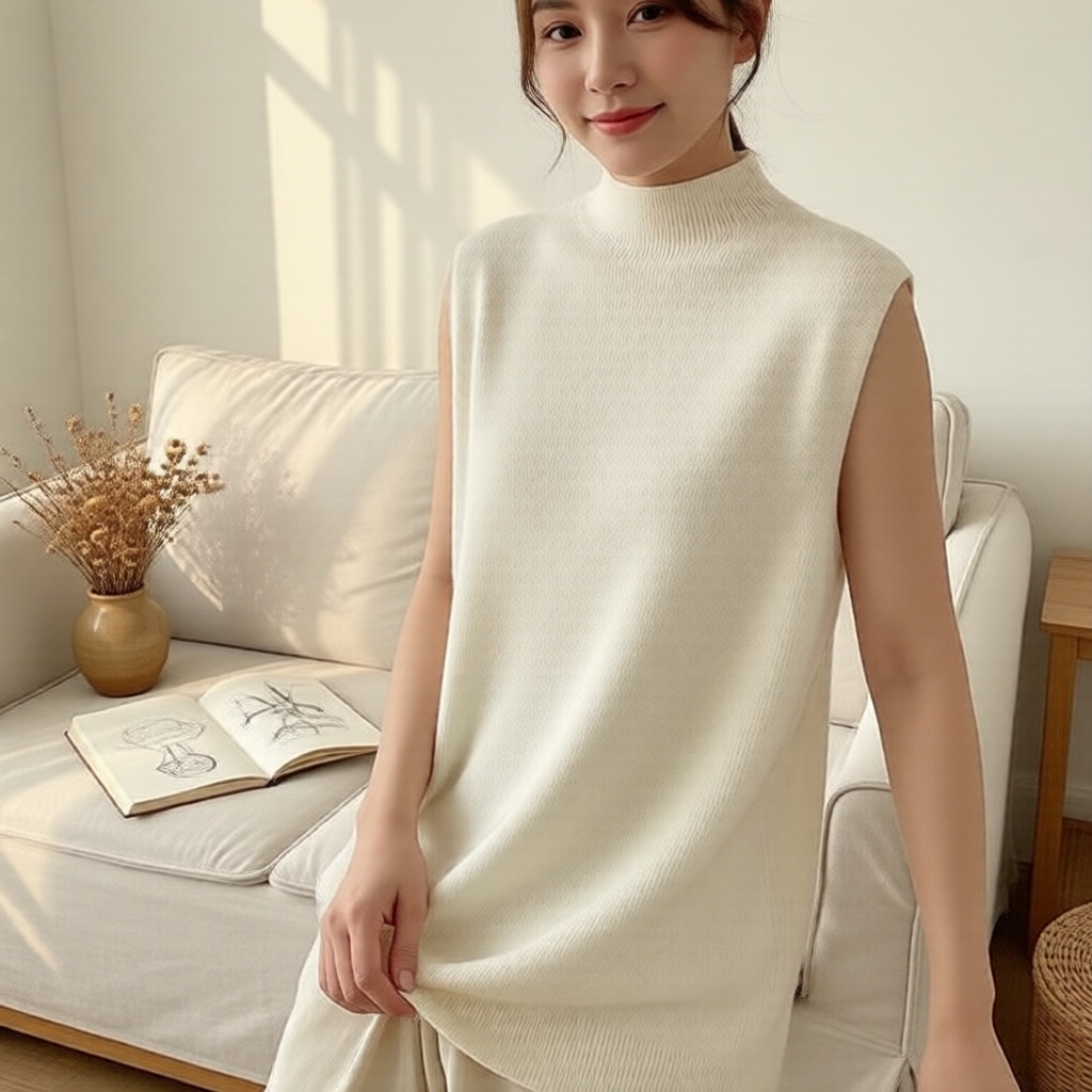 เสื้อกั๊กถักแขนกุดสําหรับผู้หญิง GJCUTE คอเต่าครึ่งตัว สีพื้น เสื้อลําลองสําหรับฤดูร้อน WTD