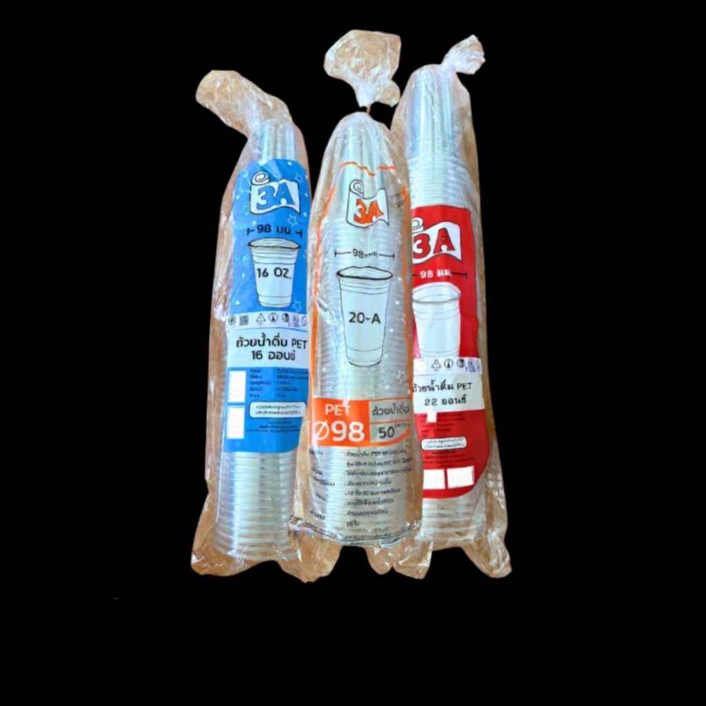 (50ใบ) 3A/KK แก้ว PET เนื้อแข็ง ใส 16/20/22oz ปาก98มม. ฝาหลากหลายแบบ