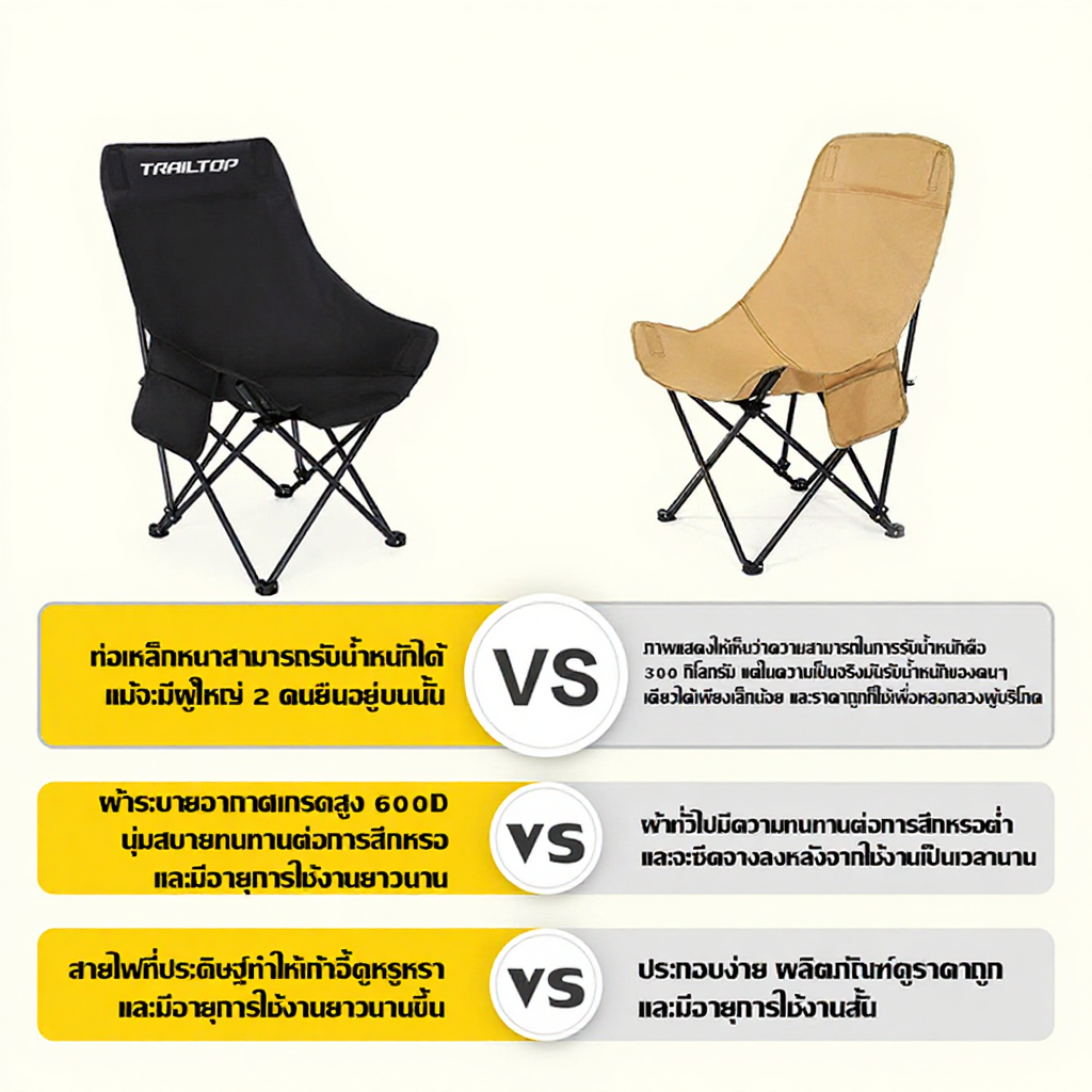 TRAILTOP เก้าอี้แคมป์ปิ้ง พนักพิงสูง แถมถุงเก็บ รับน้ำหนัก150KG