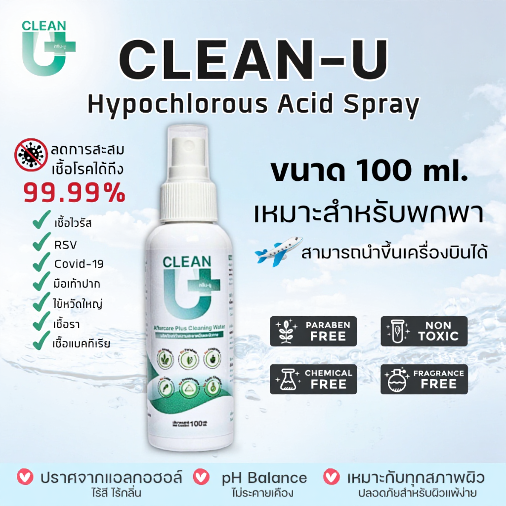 Clean-U Hypochlorous Spray 100 ml ลดการสะสมแบคทีเรีย ผิวหน้า ผิวกาย