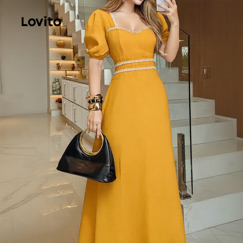 Lovito เดรสสีเหลือง คอระบาย ซิป เดรสสุภาพสําหรับผู้หญิง LBL35128