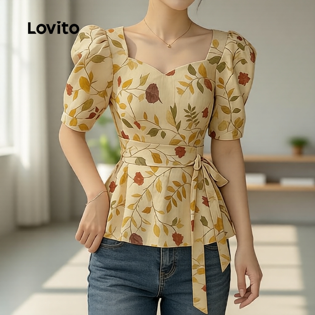 Lovito เสื้อเบลาส์ผู้หญิง ลายดอก สไตล์ลําลอง ดีไซน์ดี เหมาะสําหรับฤดูใบไม้ผลิและฤดูร้อน L190ED635