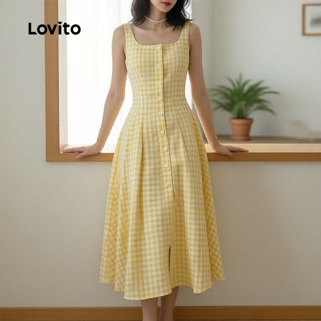 Lovito เดรสลายเรขาคณิต สีเหลือง ทรงลําลอง สําหรับผู้หญิง เหมาะกับฤดูใบไม้ผลิและฤดูร้อน LK6EDD009